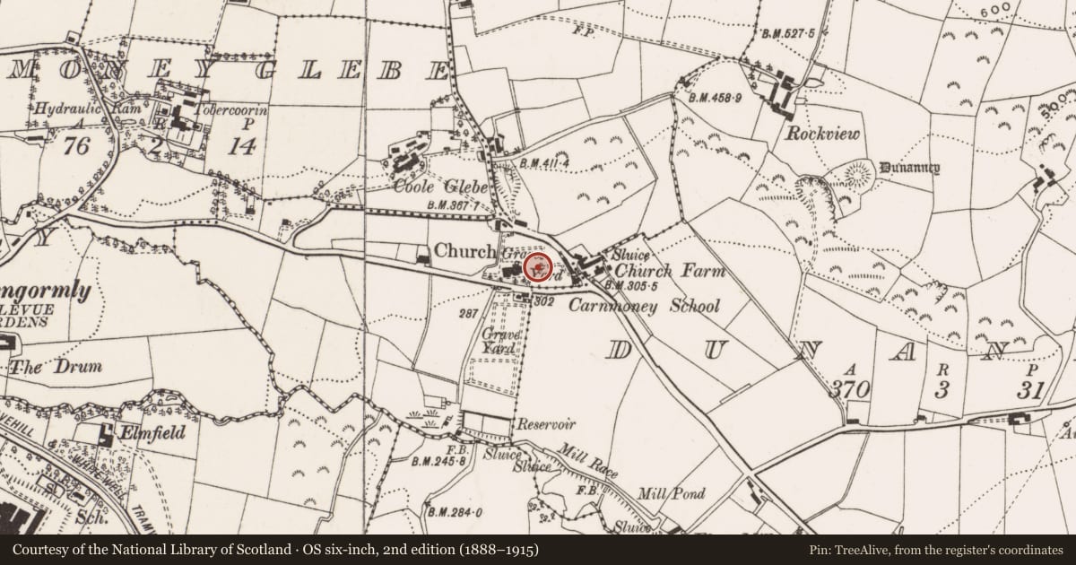 Ordnance Survey six-inch map, 2nd edition (1888–1915) covering the location of The Mc Ferran Memorial, Antrim and Newtownabbey, with a pin at the register's coordinates