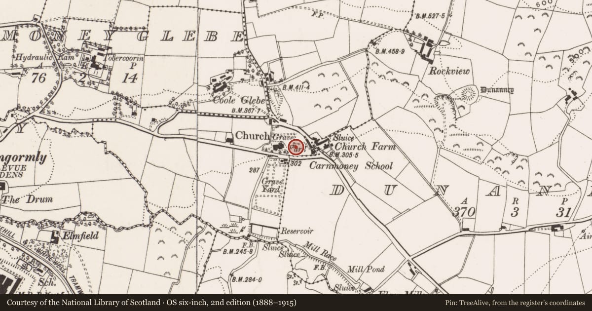 Ordnance Survey six-inch map, 2nd edition (1888–1915) covering the location of The Fulton Slab, Antrim and Newtownabbey, with a pin at the register's coordinates
