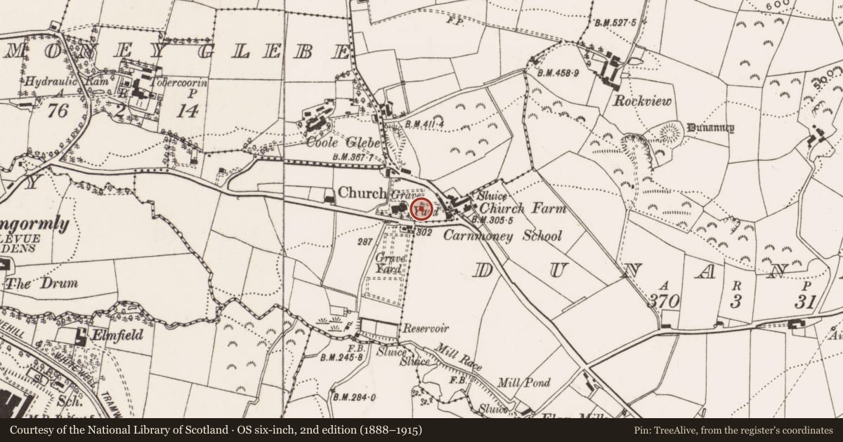 Ordnance Survey six-inch map, 2nd edition (1888–1915) covering the location of The Cumming Slab, Antrim and Newtownabbey, with a pin at the register's coordinates