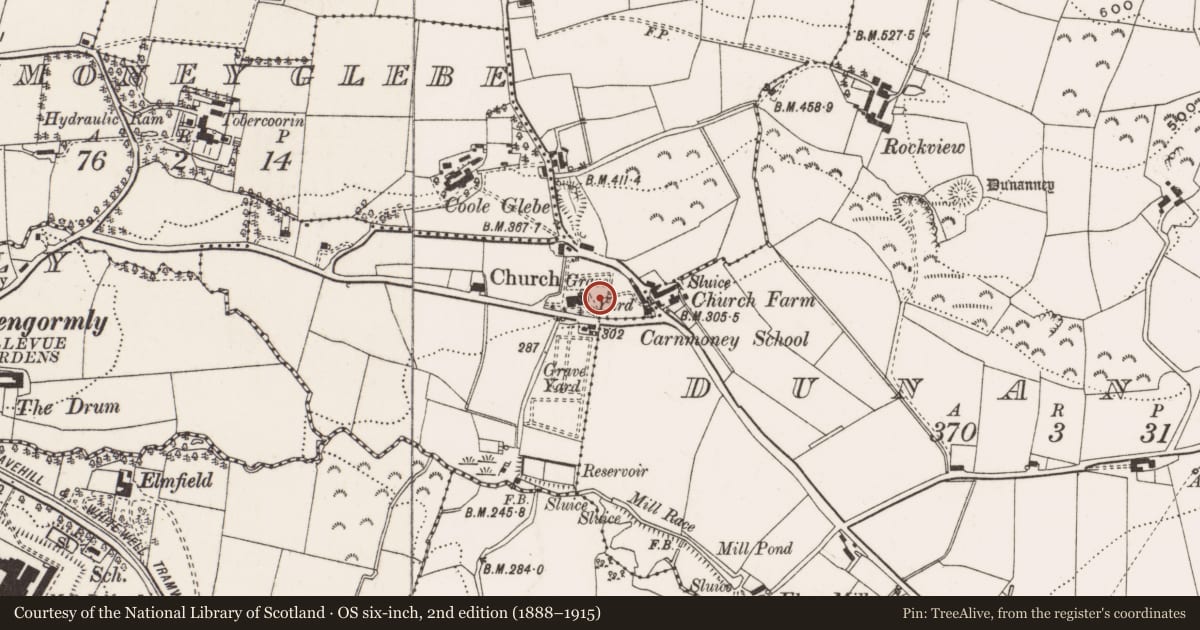 Ordnance Survey six-inch map, 2nd edition (1888–1915) covering the location of The Dawson Slab, Antrim and Newtownabbey, with a pin at the register's coordinates