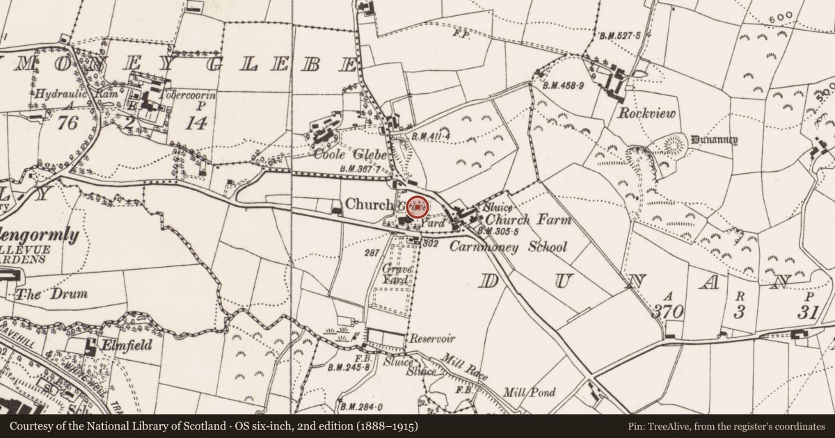 Ordnance Survey six-inch map, 2nd edition (1888–1915) covering the location of The Thomson Family Memorial Slab, Antrim and Newtownabbey, with a pin at the register's coordinates
