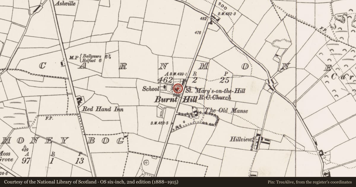 Ordnance Survey six-inch map, 2nd edition (1888–1915) covering the location of St Mary's on the Hill, carnmoney, Antrim and Newtownabbey, with a pin at the register's coordinates