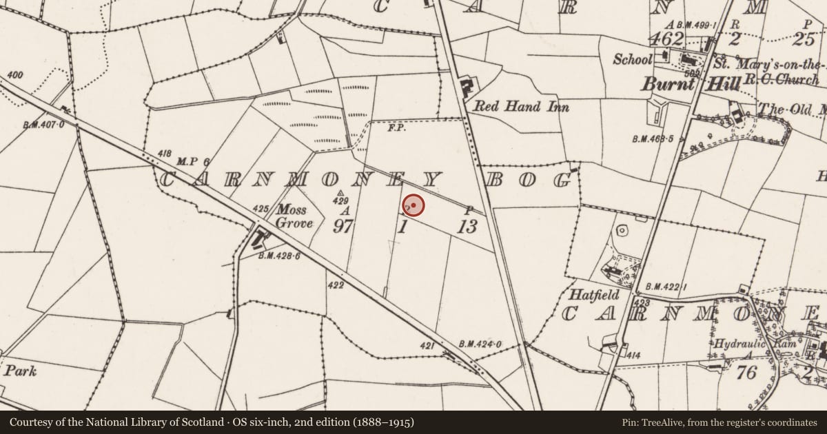 Ordnance Survey six-inch map, 2nd edition (1888–1915) covering the location of St. Brigid’s Church of Ireland Church, Antrim and Newtownabbey, with a pin at the register's coordinates