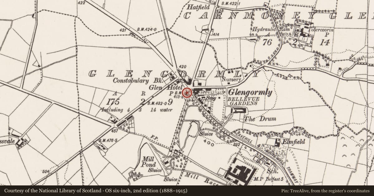 Ordnance Survey six-inch map, 2nd edition (1888–1915) covering the location of Northern Bank, Antrim and Newtownabbey, with a pin at the register's coordinates