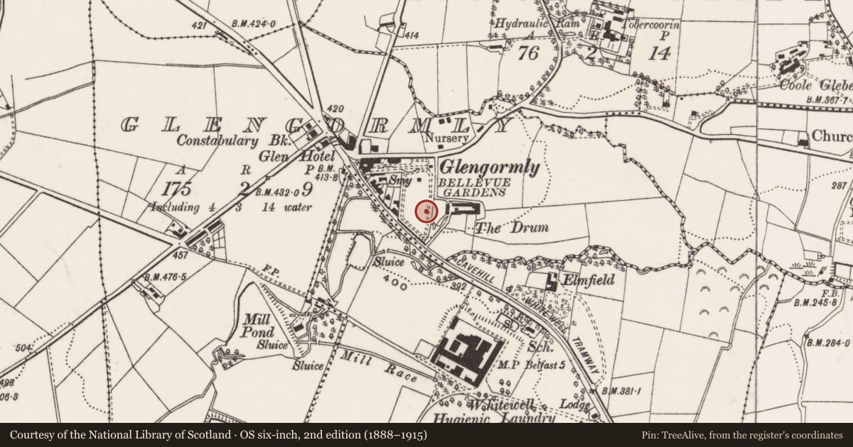 Ordnance Survey six-inch map, 2nd edition (1888–1915) covering the location of Glengormley Presbyterian Church, Antrim and Newtownabbey, with a pin at the register's coordinates