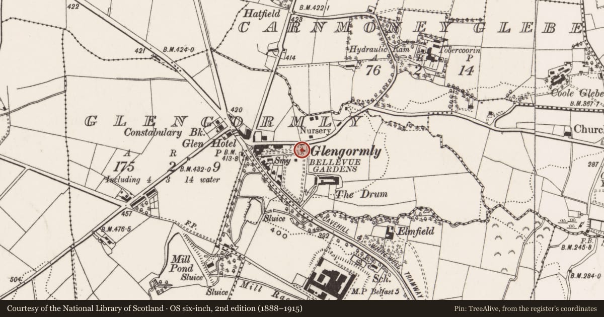 Ordnance Survey six-inch map, 2nd edition (1888–1915) covering the location of Glengormley Primary School, Antrim and Newtownabbey, with a pin at the register's coordinates