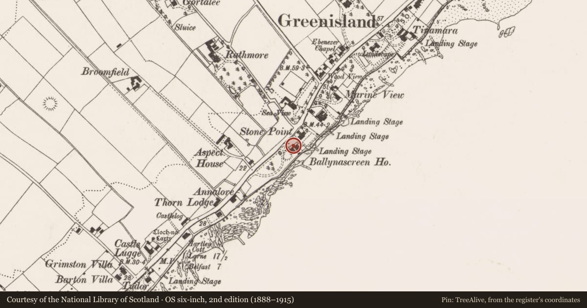 Ordnance Survey six-inch map, 2nd edition (1888–1915) covering the location of Ballynascreen House, West Division, Mid and East Antrim, with a pin at the register's coordinates