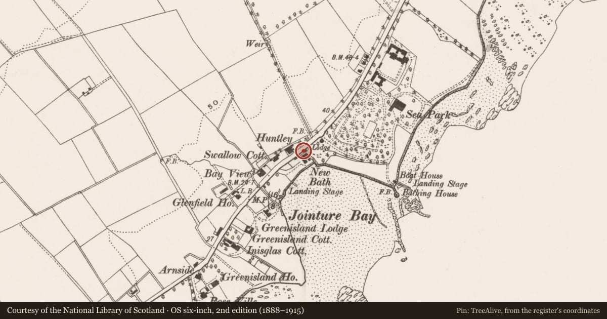 Ordnance Survey six-inch map, 2nd edition (1888–1915) covering the location of 107 Shore Road, West Division, Mid and East Antrim, with a pin at the register's coordinates