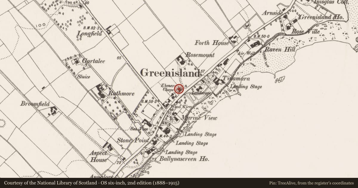 Ordnance Survey six-inch map, 2nd edition (1888–1915) covering the location of Ebenezer Church of the Nazarene, Mid and East Antrim, with a pin at the register's coordinates