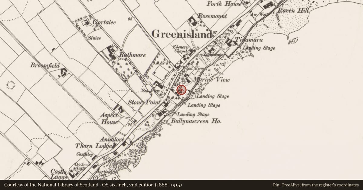 Ordnance Survey six-inch map, 2nd edition (1888–1915) covering the location of 53A Shore Road, West Division, Mid and East Antrim, with a pin at the register's coordinates