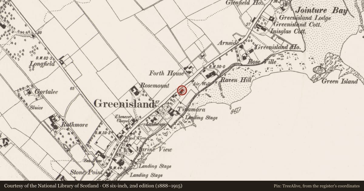Ordnance Survey six-inch map, 2nd edition (1888–1915) covering the location of 69 Shore Road, Greenisland, Mid and East Antrim, with a pin at the register's coordinates