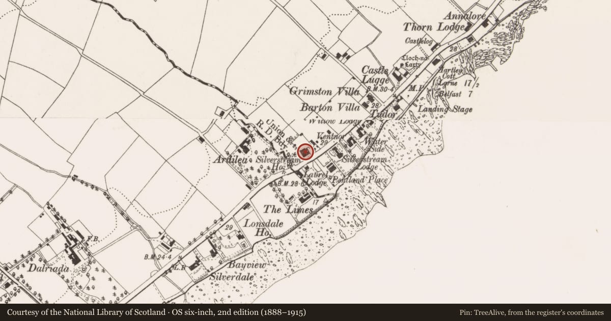 Ordnance Survey six-inch map, 2nd edition (1888–1915) covering the location of Silverstream House, Antrim and Newtownabbey, with a pin at the register's coordinates