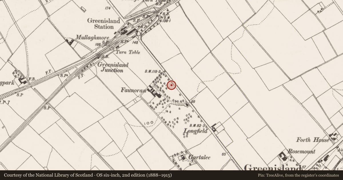 Ordnance Survey six-inch map, 2nd edition (1888–1915) covering the location of Church of the Holy Name, Greenisland, Mid and East Antrim, with a pin at the register's coordinates