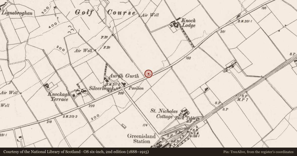 Ordnance Survey six-inch map, 2nd edition (1888–1915) covering the location of Greenisland Presbyterian Church, West Division, Mid and East Antrim, with a pin at the register's coordinates
