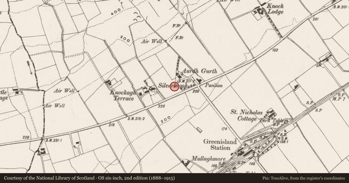 Ordnance Survey six-inch map, 2nd edition (1888–1915) covering the location of Orient House, West Division, Mid and East Antrim, with a pin at the register's coordinates