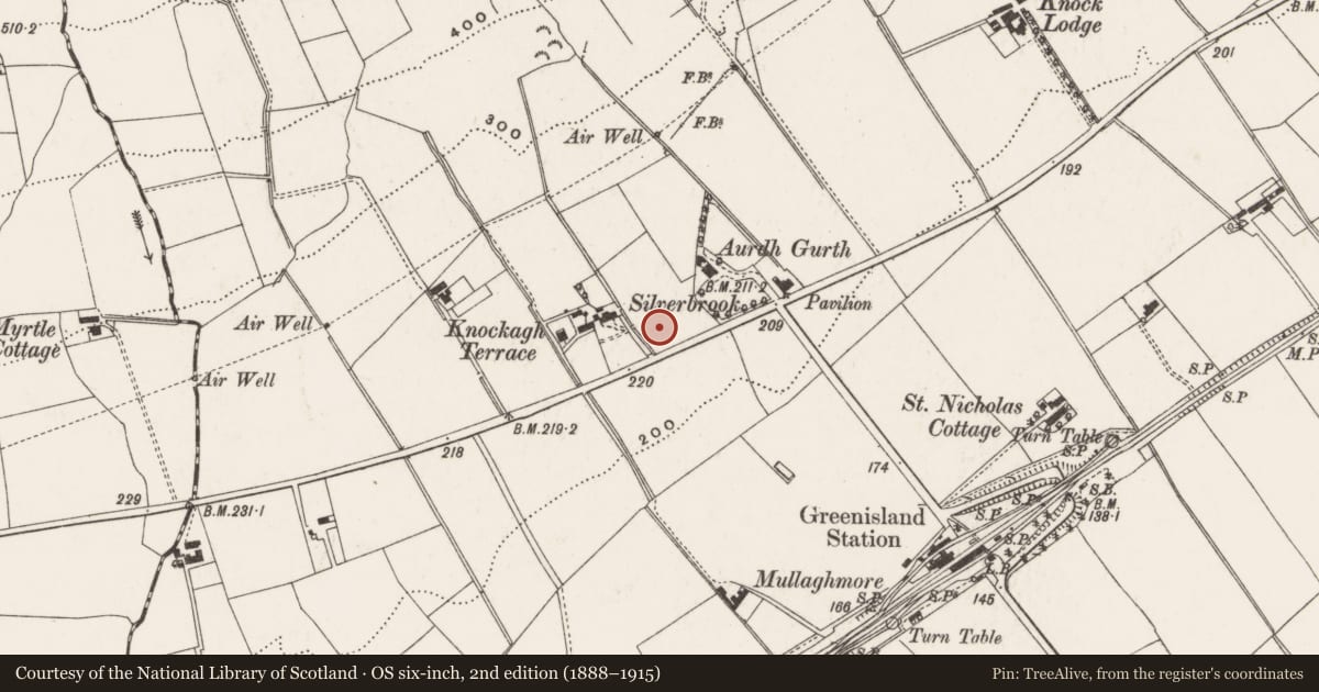 Ordnance Survey six-inch map, 2nd edition (1888–1915) covering the location of 138 Upper Road, West Division, Mid and East Antrim, with a pin at the register's coordinates