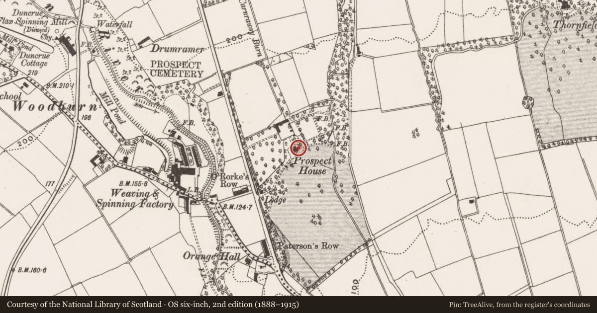 Ordnance Survey six-inch map, 2nd edition (1888–1915) covering the location of Prospect House, Middle Division, Mid and East Antrim, with a pin at the register's coordinates