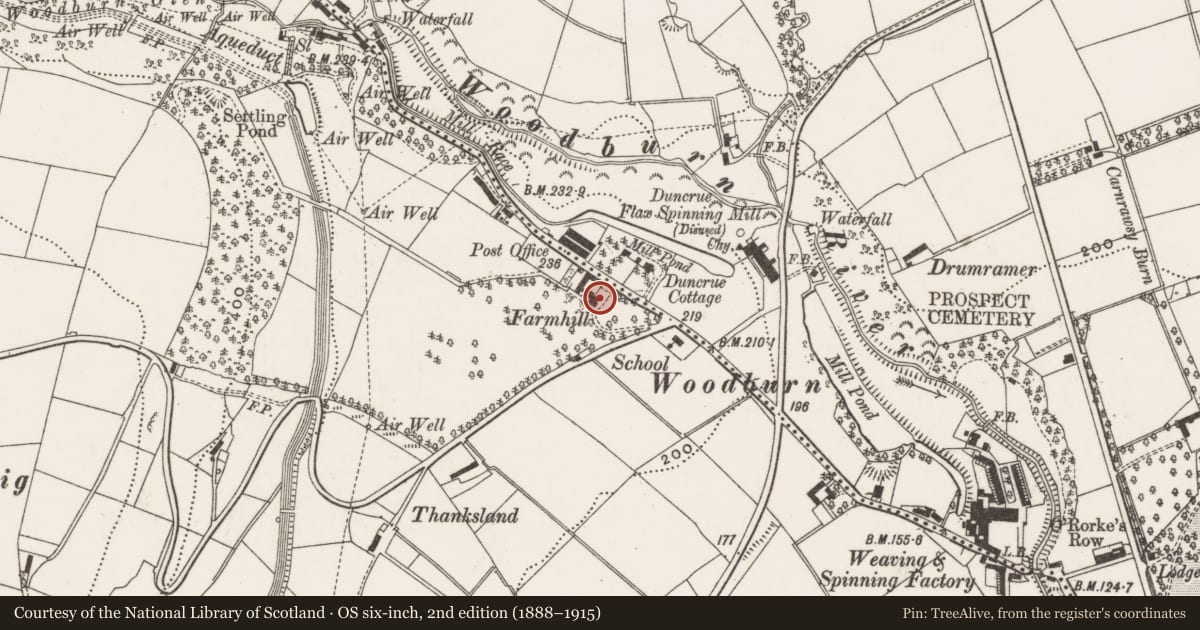 Ordnance Survey six-inch map, 2nd edition (1888–1915) covering the location of Farmhill, West Division, Mid and East Antrim, with a pin at the register's coordinates