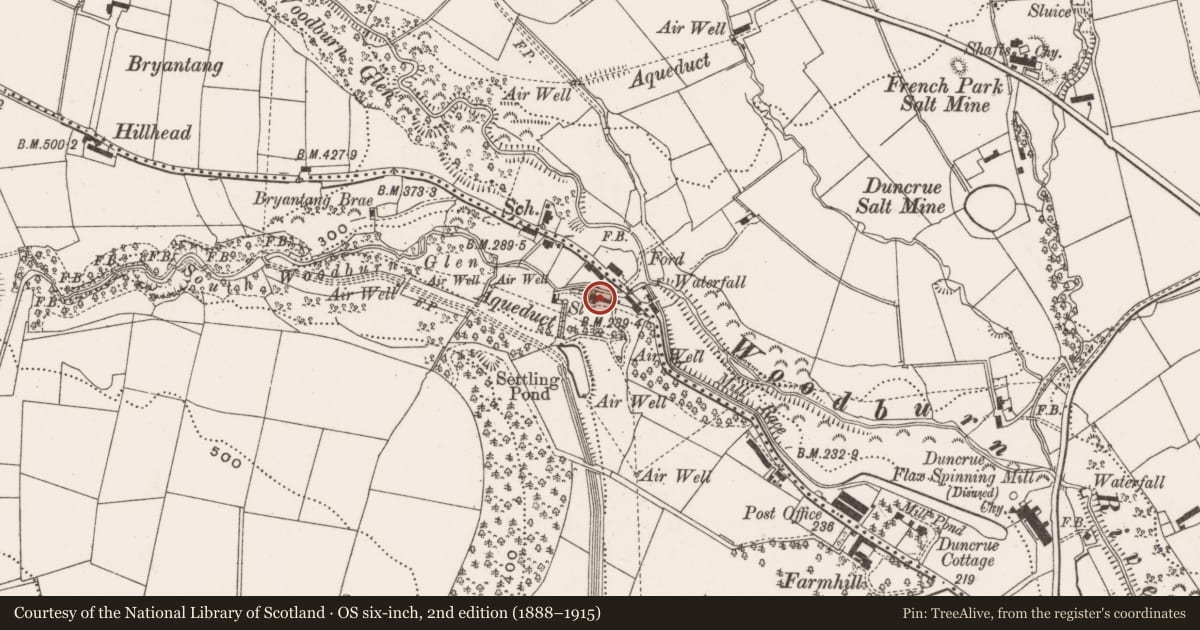 Ordnance Survey six-inch map, 2nd edition (1888–1915) covering the location of 150 Woodburn Road, West Division, Mid and East Antrim, with a pin at the register's coordinates