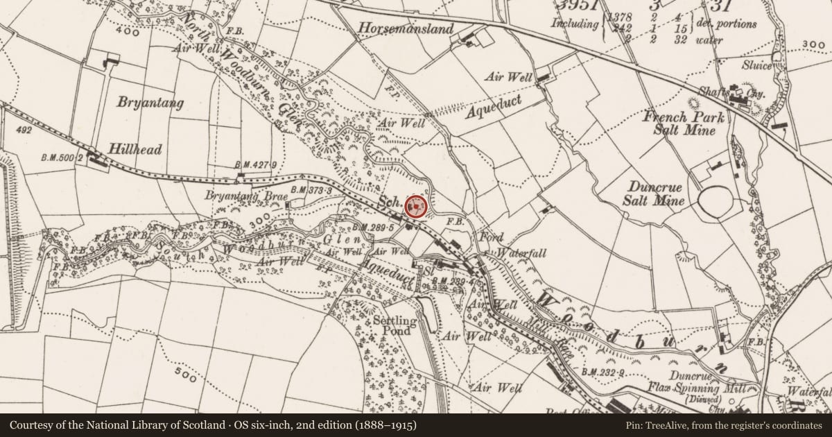 Ordnance Survey six-inch map, 2nd edition (1888–1915) covering the location of 155 Woodburn Road, Mid and East Antrim, with a pin at the register's coordinates