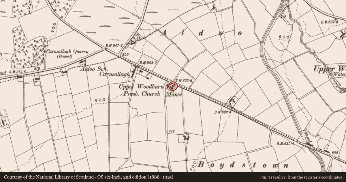 Ordnance Survey six-inch map, 2nd edition (1888–1915) covering the location of Ulster Woodburn Presbyterian, Mid and East Antrim, with a pin at the register's coordinates