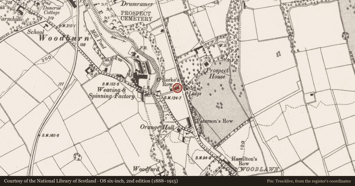 Ordnance Survey six-inch map, 2nd edition (1888–1915) covering the location of 1-10 O'Rourkes Row, Mid and East Antrim, with a pin at the register's coordinates