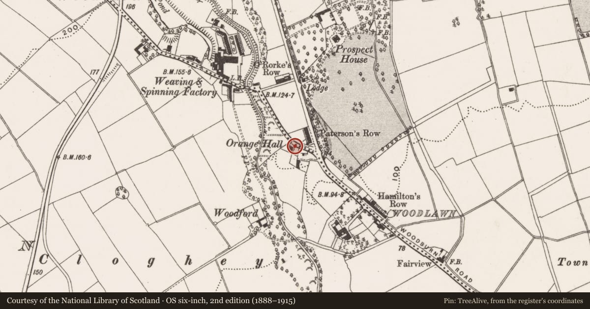 Ordnance Survey six-inch map, 2nd edition (1888–1915) covering the location of Woodburn Orange Hall, Mid and East Antrim, with a pin at the register's coordinates