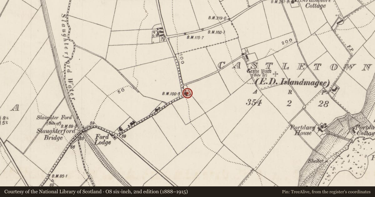 Ordnance Survey six-inch map, 2nd edition (1888–1915) covering the location of 131 Islandmagee Road, Temple-effin, Mid and East Antrim, with a pin at the register's coordinates