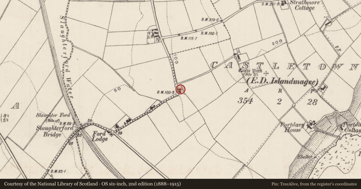 Ordnance Survey six-inch map, 2nd edition (1888–1915) covering the location of 135 Islandmagee Road, Temple-effin, Mid and East Antrim, with a pin at the register's coordinates