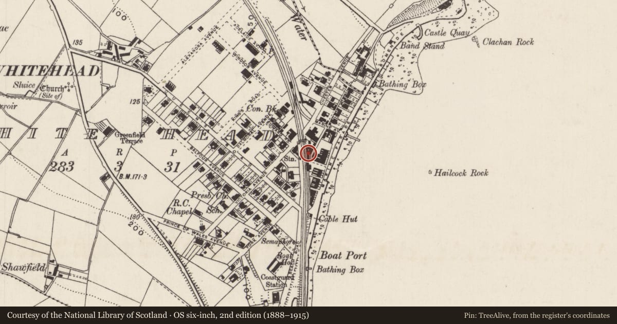 Ordnance Survey six-inch map, 2nd edition (1888–1915) covering the location of Whitehead Railway Station, Mid and East Antrim, with a pin at the register's coordinates