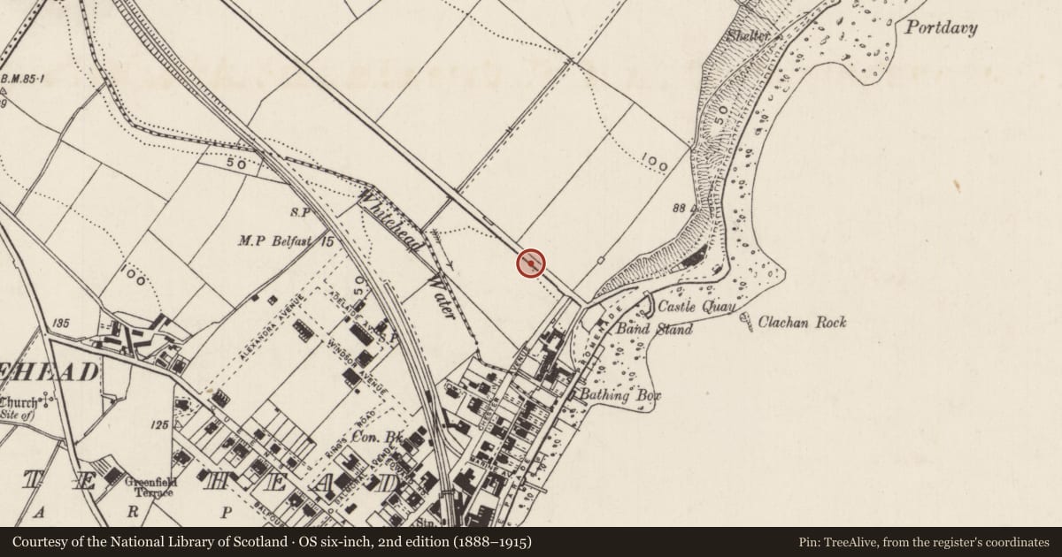 Ordnance Survey six-inch map, 2nd edition (1888–1915) covering the location of Bowling Pavillion, Mid and East Antrim, with a pin at the register's coordinates