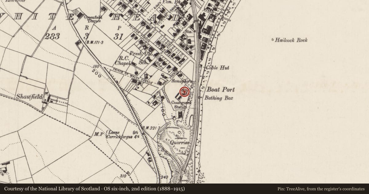 Ordnance Survey six-inch map, 2nd edition (1888–1915) covering the location of 5 Beach Road, Whitehead, Mid and East Antrim, with a pin at the register's coordinates