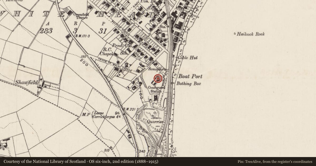 Ordnance Survey six-inch map, 2nd edition (1888–1915) covering the location of 6 Beach Road, Whitehead, Mid and East Antrim, with a pin at the register's coordinates