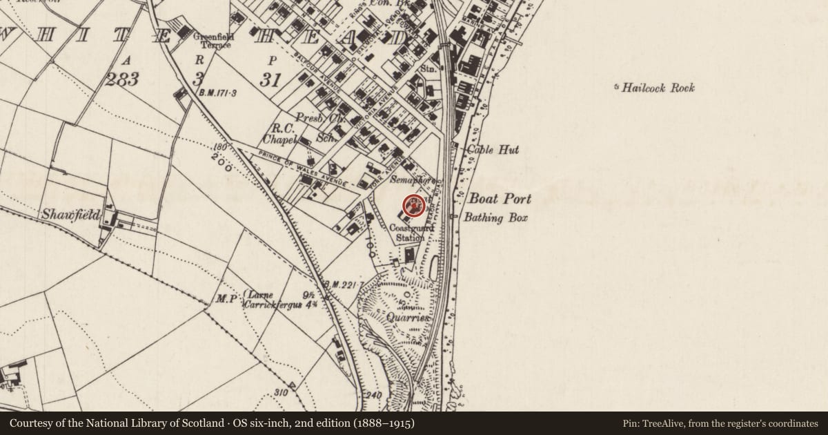 Ordnance Survey six-inch map, 2nd edition (1888–1915) covering the location of 7 Beach Road, Whitehead, Mid and East Antrim, with a pin at the register's coordinates