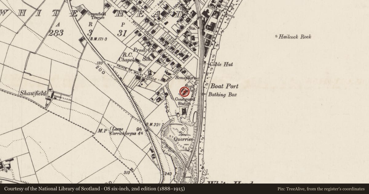 Ordnance Survey six-inch map, 2nd edition (1888–1915) covering the location of 9B Beach Road, Whitehead, Mid and East Antrim, with a pin at the register's coordinates