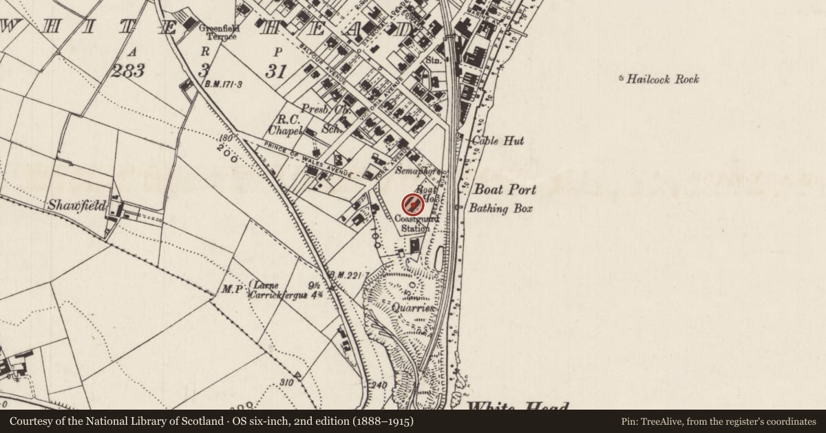 Ordnance Survey six-inch map, 2nd edition (1888–1915) covering the location of 10 Beach Road, Whitehead, Mid and East Antrim, with a pin at the register's coordinates