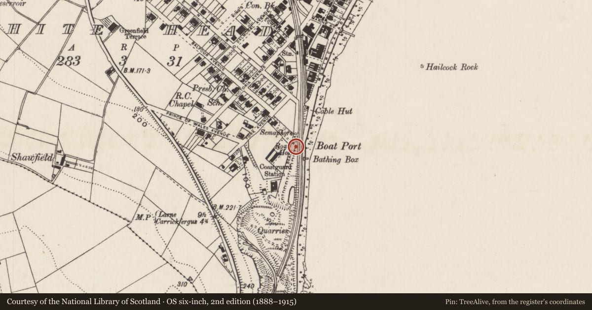 Ordnance Survey six-inch map, 2nd edition (1888–1915) covering the location of Boat House, Whitehead, Mid and East Antrim, with a pin at the register's coordinates