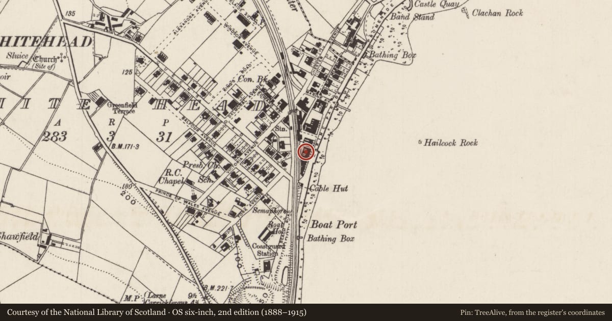 Ordnance Survey six-inch map, 2nd edition (1888–1915) covering the location of 8 Marine Parade, Whitehead, Mid and East Antrim, with a pin at the register's coordinates