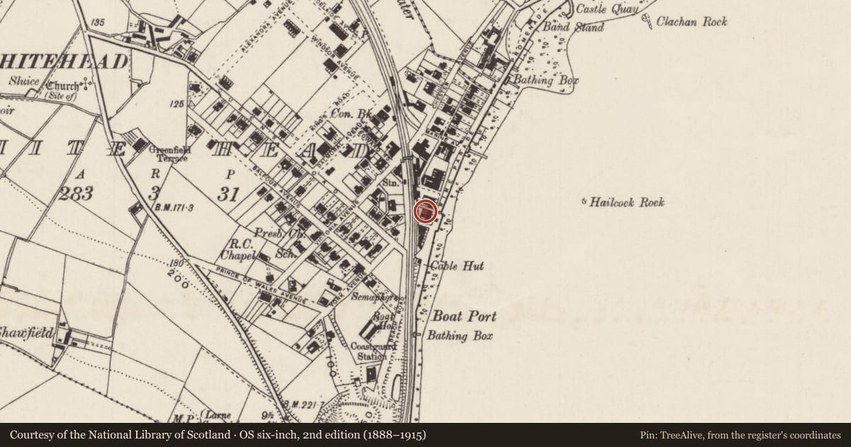 Ordnance Survey six-inch map, 2nd edition (1888–1915) covering the location of 9 Marine Parade, Whitehead, Mid and East Antrim, with a pin at the register's coordinates