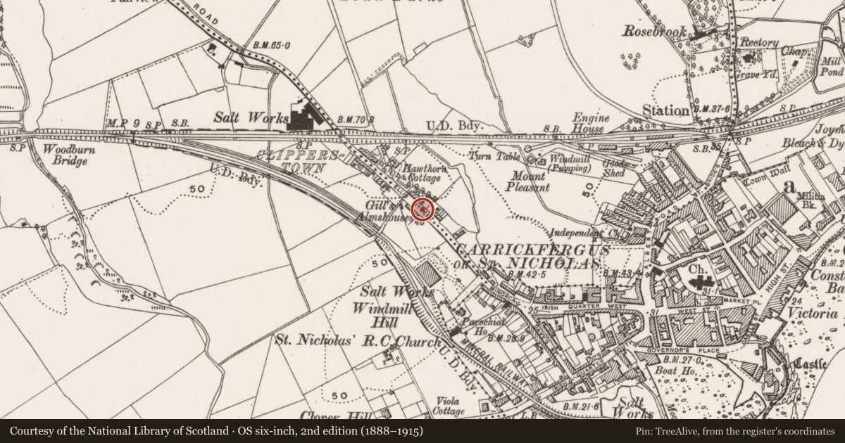 Ordnance Survey six-inch map, 2nd edition (1888–1915) covering the location of Gill's Almhouses, Clipperstown, Mid and East Antrim, with a pin at the register's coordinates