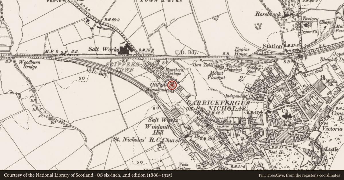 Ordnance Survey six-inch map, 2nd edition (1888–1915) covering the location of Gill's Almhouses, Clipperstown, Mid and East Antrim, with a pin at the register's coordinates