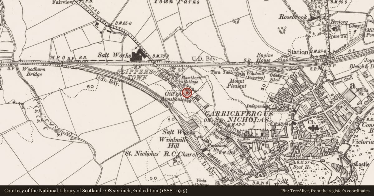 Ordnance Survey six-inch map, 2nd edition (1888–1915) covering the location of Gill's Almhouses, Clipperstown, Mid and East Antrim, with a pin at the register's coordinates
