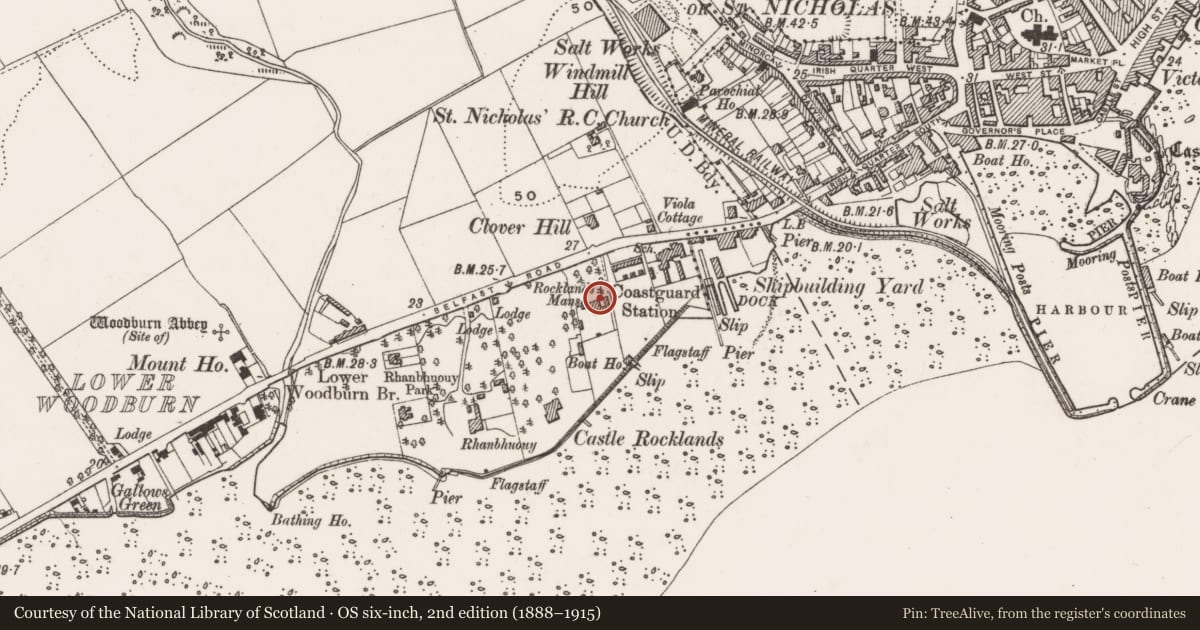 Ordnance Survey six-inch map, 2nd edition (1888–1915) covering the location of Rocklands House, West Ward, Mid and East Antrim, with a pin at the register's coordinates