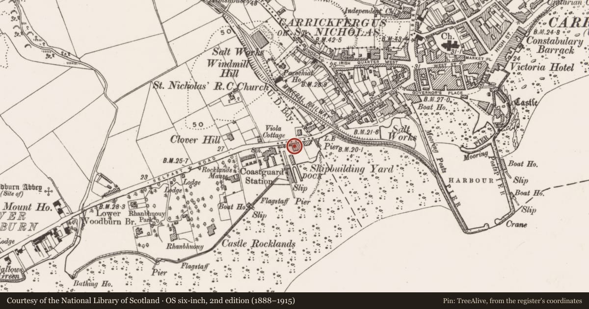 Ordnance Survey six-inch map, 2nd edition (1888–1915) covering the location of Legg Fountain, Mid and East Antrim, with a pin at the register's coordinates