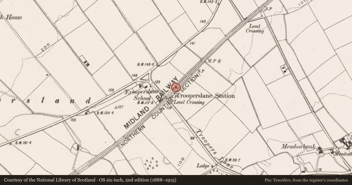 Ordnance Survey six-inch map, 2nd edition (1888–1915) covering the location of Trooperslane Station, Mid and East Antrim, with a pin at the register's coordinates