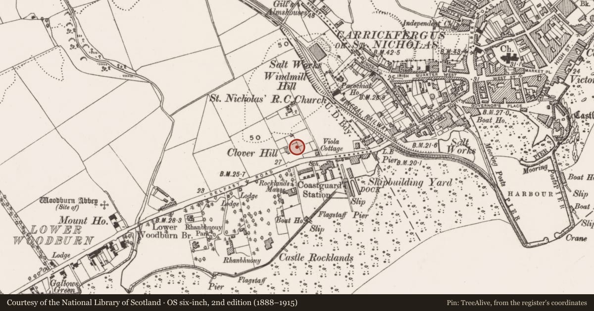 Ordnance Survey six-inch map, 2nd edition (1888–1915) covering the location of 39 Belfast Road, Mid and East Antrim, with a pin at the register's coordinates