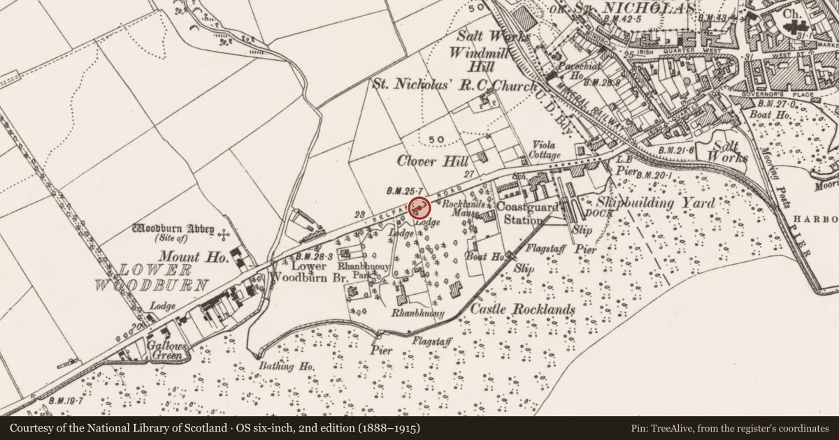 Ordnance Survey six-inch map, 2nd edition (1888–1915) covering the location of 24A Belfast Road, West Division, Mid and East Antrim, with a pin at the register's coordinates