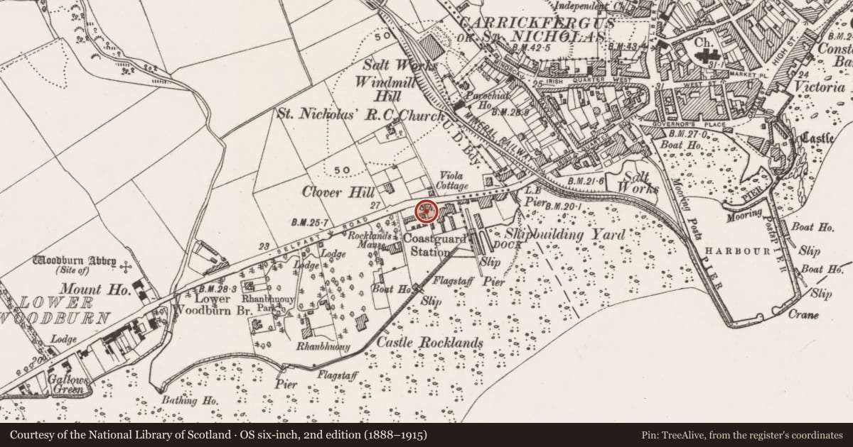 Ordnance Survey six-inch map, 2nd edition (1888–1915) covering the location of Coastguard Cottages, West Ward, Mid and East Antrim, with a pin at the register's coordinates
