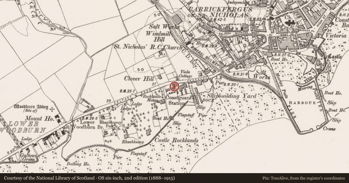 Ordnance Survey six-inch map, 2nd edition (1888–1915) covering the location of Coastguard Cottages, West Ward, Mid and East Antrim, with a pin at the register's coordinates