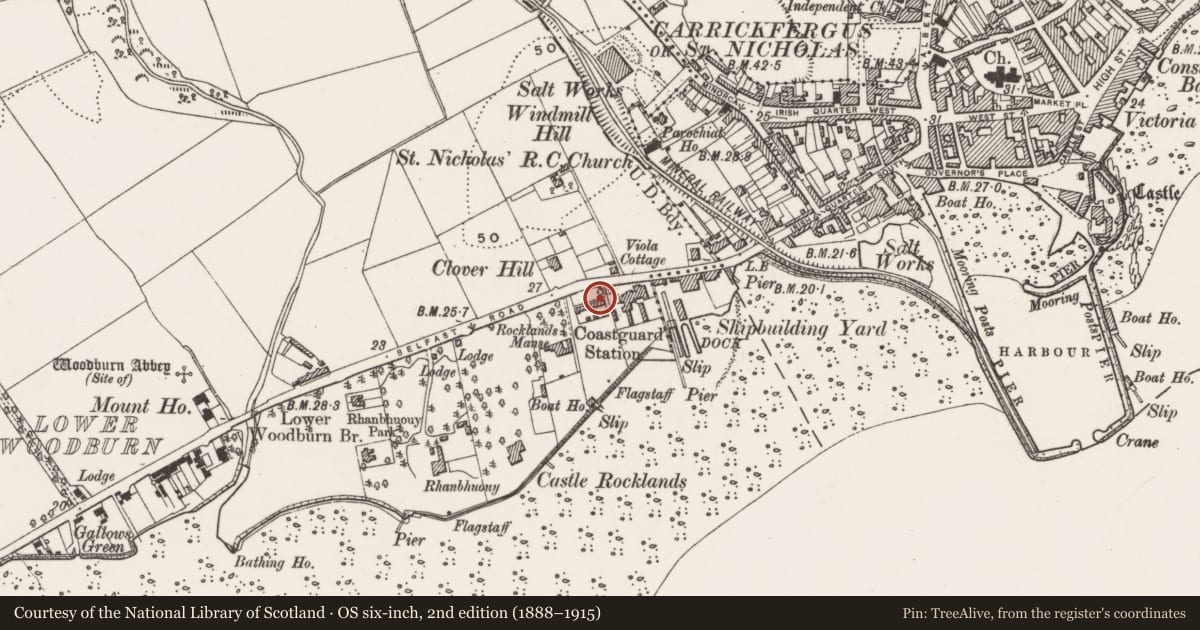 Ordnance Survey six-inch map, 2nd edition (1888–1915) covering the location of Coastguard Cottages, West Ward, Mid and East Antrim, with a pin at the register's coordinates